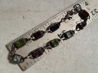 Silver Multi Gemstone Link Bracelet , Very Old And Well Constructed