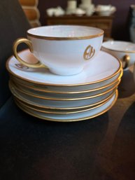 12 Piece Gold Rimmed Cup & Saucer Sets 'O' Monogram Marked Prussia