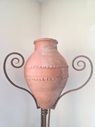 Terracotta Amphora Floor Vase On Scrolled Iron Stand