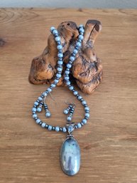 Blue Pearl Beads And Pendant With Blue Topaz Accent Setting -Includes Matching  Earrings