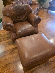 Nailhead, Cognac Brown Leather Armchair And Ottoman