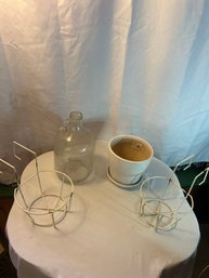 Lot 57: Misc Outdoor Planter/decor Items: Jug, Planter, Planter Racks For Over Railing