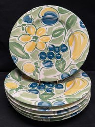 Set Of 6 Home Plate Country Pear Pattern Round Dinner Plates Blue Green Yellow 11 Inch