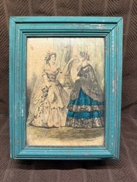 Antique Jules David Signed Picture Jewely/ Trinket Wooden Turquoise Box Early 1800's