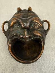 Unique Vintage Bronze Devil Face Ashtray 3' X 3'