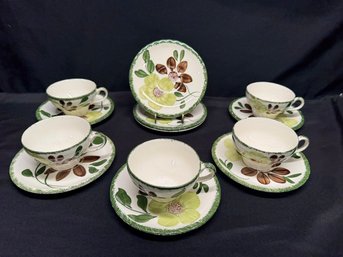 Southern Potteries Green Briar Vintage Blue Ridge Hand Painted (8) Saucers And (5) Teacups