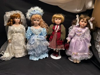 Vintage Porcelain Doll Lot Of 4 Collectible Bride & Victorian Style Dolls All On Doll Stands