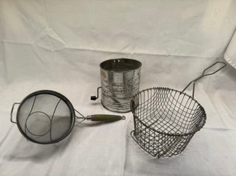 Small Lot Of Vintage Kitchen Items- Fryer Basket, Hand Held Strainer, Flour Sifter