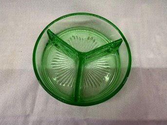 Vintage Green Uranium Glass Divided Round Dish/3 Section Dish 5'