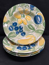 Set Of 4 Home Plate Country Pear Pattern Round Pasta Bowls Blue Green Yellow