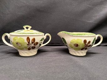 Vintage Blue Ridge Southern Potteries Sugar  & Creamer Set Green Daisy Flowers