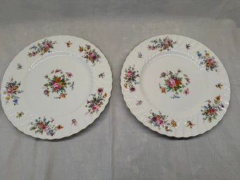 Set Of 2 Mintons Marlow 10.5' Floral Dinner Plates With Scalloped, Gilded Rim England