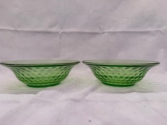 Pair Of Vintage Federal Glass Green Uranium Glass Dot Optic Bowls 6'