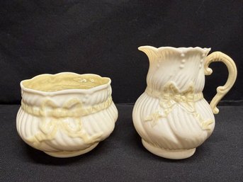 Vintage Belleek Ireland Ribbon Porcelain Sugar & Creamer Set Ivory/pale Yellow Color