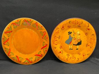 Pair Of Vintgte Round Wooden Swedish Hand Painted Folk Art Plates/decor Pieces 9'