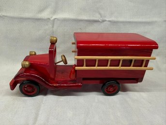 Vintage Wooden Hand Made & Painted Fire Engine Truck With Flip Open Top