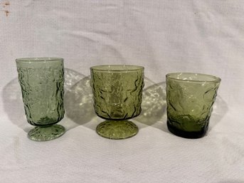 Set Of 3 Different Anchor Hocking Avocado Green Crinkle Glasses