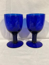 Set Of 2 Vintage Cobalt Blue Water Iced Tea Wine Glasses Thick Stem Goblets 7
