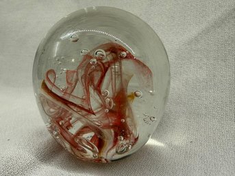Hand Blown Red, White & Yellow Glass Paper Weight 3'