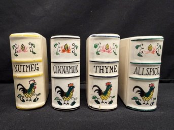 Set Of 4 Hand Painted Vintage Ceramic Spice Jars/shakers Shaped Like Books With Roosters