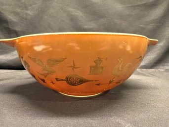Vintage Pyrex Early American 4 Qt Cinderella Mixing Bowl Brown Gold Rooster Farm