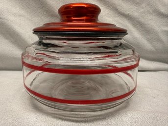 Rare Red & Clear Vintage Canister/jar With Metal Lid