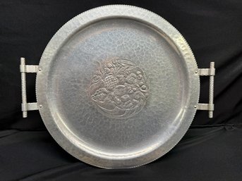 Large Aluminum Round Hammered Serving Tray 16' With Handles Fruit & Leaf Design Vintage