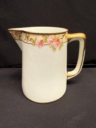 Antique Hand Painted Nippon Milk Creamer Pitcher Pink Florals Gold Gilding Japan. Early 1900's