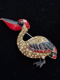 Vintage C1940s FRED GREY (?) Figural Pelican Enamel & Rhinestone Brooch Pin