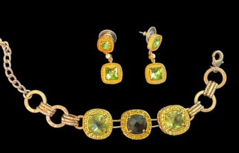 Bevel-Set Jeweled Lot - Link Bracelet & Signed V&A Pierced Dangle Earrings