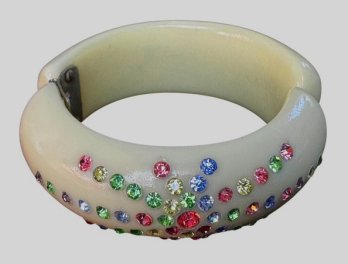 Vintage Unsigned Weiss(?) Bejewelled Lucite Clamper Bracelet