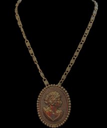 Victorian Revival Copper Metal Cameo Goddess Pendant/brooch On Chain
