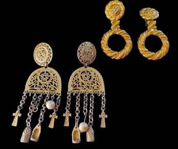 Pair Of 1980s Runway Designer Dangle Clipon Earrings In Gold Tone