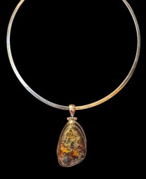 Natural Australian Boulder Opal Pendant Set In Sterling Silver On Choker Torque