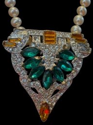 Art Deco Austrian Crystal Dress Clip Pendant Mounted On Cultured Pearl Necklace