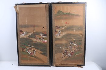 Antique Japanese Screen Panels With Hand Painted Decorations