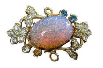 Center Set Faux Pink Opal In Gold Tone Filigree Vintage Brooch Pin