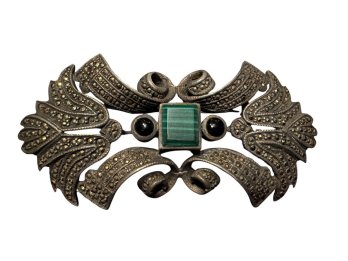 ART DECO Bow Style Sterling Silver & Marcasite Brooch W/ Center Malachite And Onyx