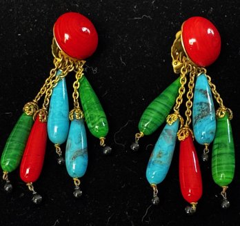 C1950s Vintage Designer Pate De Verre Glass Dangle Clipon Earrings
