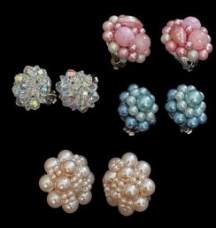 Estate Lot 1950s Cluster Faux Pearls And Aurora Borealis AB Crystal Clipon Earrings