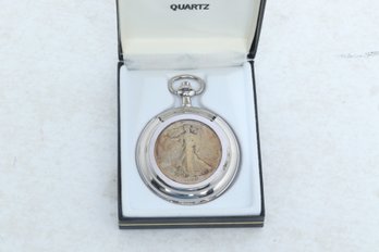 Colibri Quartz Pocket Watch With Real Standing Liberty Half Dollar Machined To Half Obverse On Face Of Clock