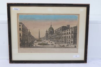Hand Colored Lithograph Of Piazza Novona In Rome