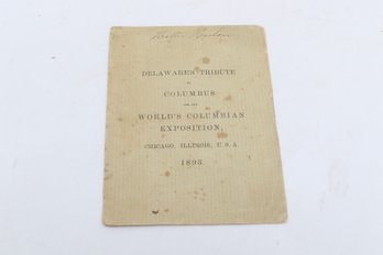 1893, C. Harlan,  Delaware's Tribute To Columbus, World's Columbian Exposition Chicago