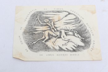 EPHEMERA Biddle, Ex Libris Bookplate, Memento Mori, Death On Horseback, Skeleton Rider, Latin Motto