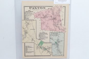1870 Beers Map Of Paxton W/Paxton Centre & Holden Centre Insets, Worcester County MA - Hand Colored Engraving