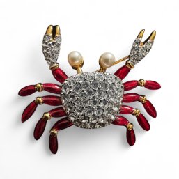 Signed SWAROVSKI Vintage Enamel Crab Brooch Pin With Crystals & Pearls