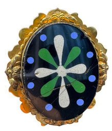 Italian Pietra Dura Floral Inlay Scalloped Gold-Tone Oval Brooch, C1880s-1900s