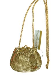 WHITING & DAVIS Signed GOLD MESH PURSE Gold Mesh, Evening Handbag, Chain Strap, Original Tag