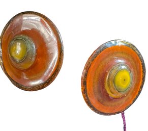SIGNED AUSTRIA Vibrant Multi-Layered Resin Clip-On Earrings, C. 1970s