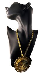 SIGNED MONET Gold-Tone Medallion Necklace With Sunburst Motif, C. 1970s